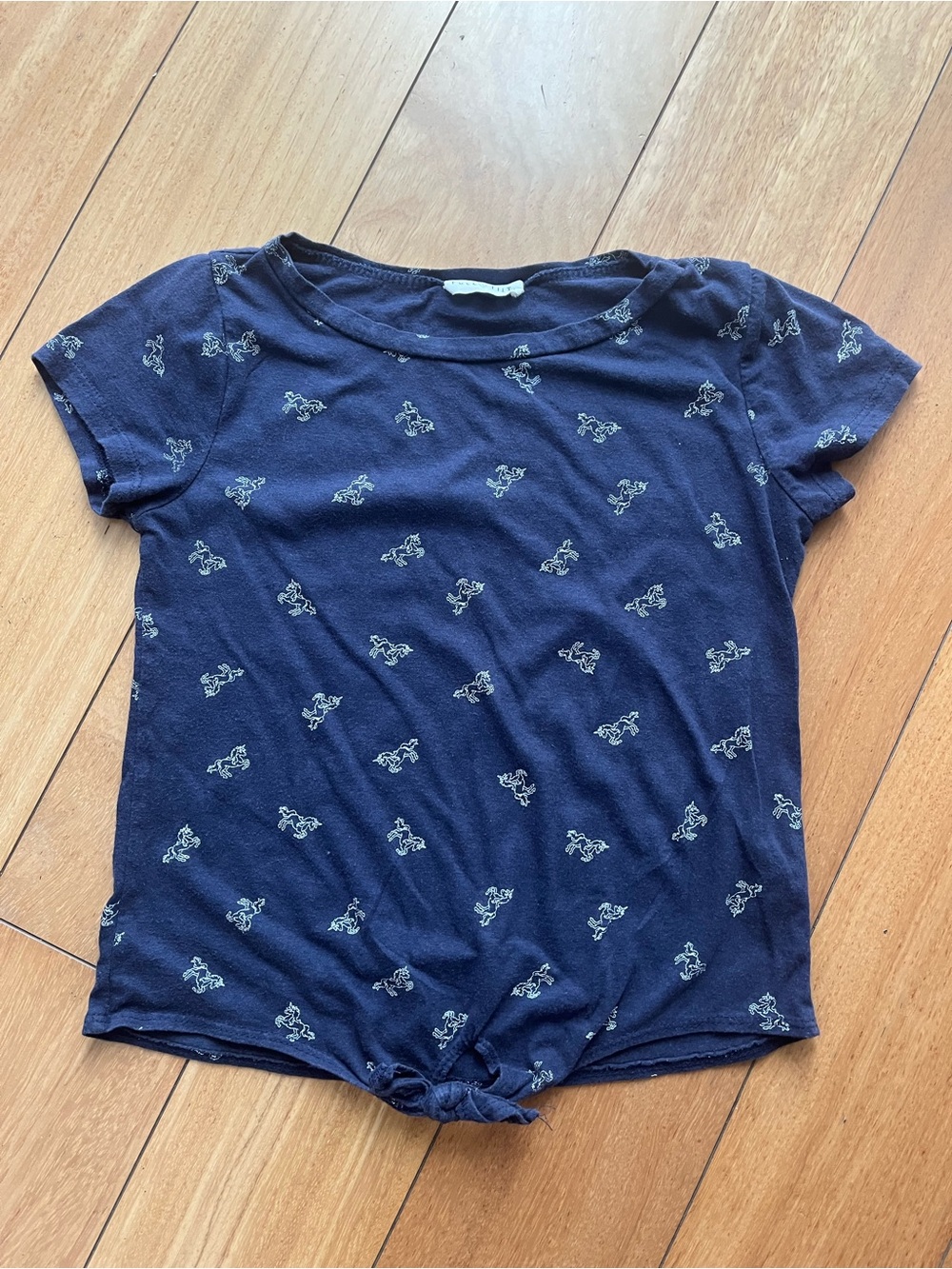 Full Tilt Navy Short Sleeve Knot Tee with Tiny Unicorn Print